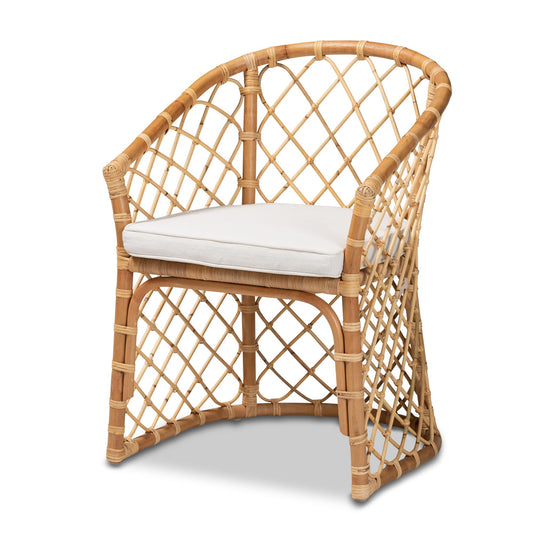 Baxton Studio Orchard Dining Chair Dining Chair White Fabric Upholstered and Natural Brown Rattan Dining Chair